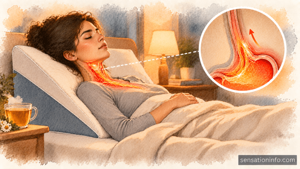 A wedge pillow on a bed used to prevent silent reflux and globus sensation at night.

