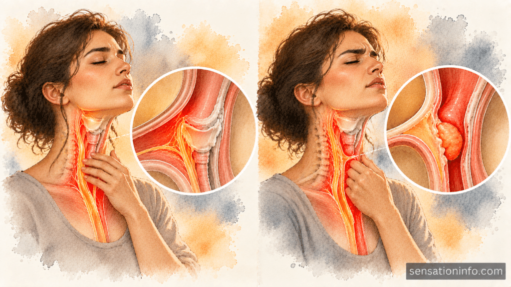 Medical illustration showing the difference between globus sensation and physical dysphagia in the esophagus.
