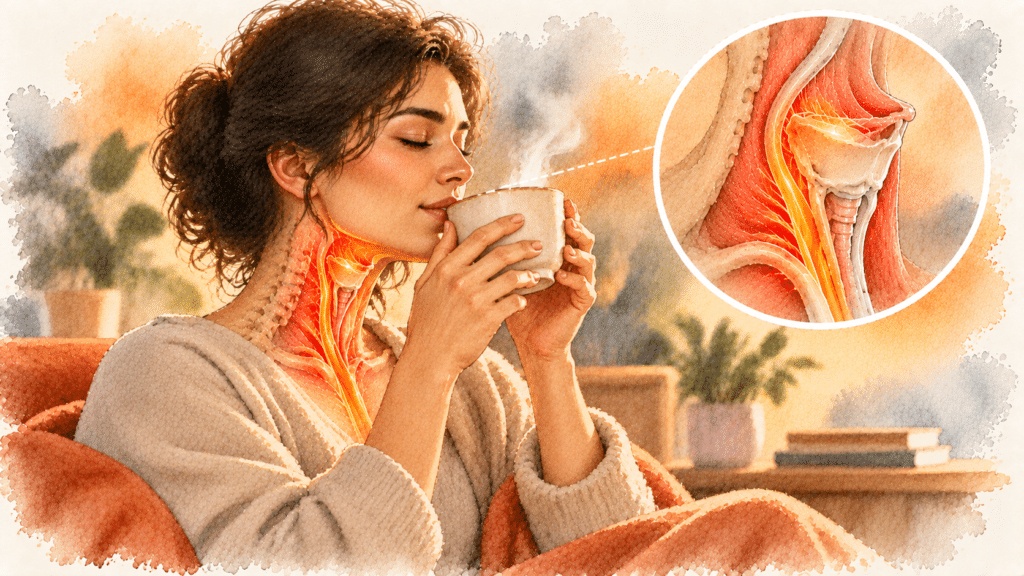  Person drinking a warm cup of tea to get rid of globus sensation immediately and relax throat tension