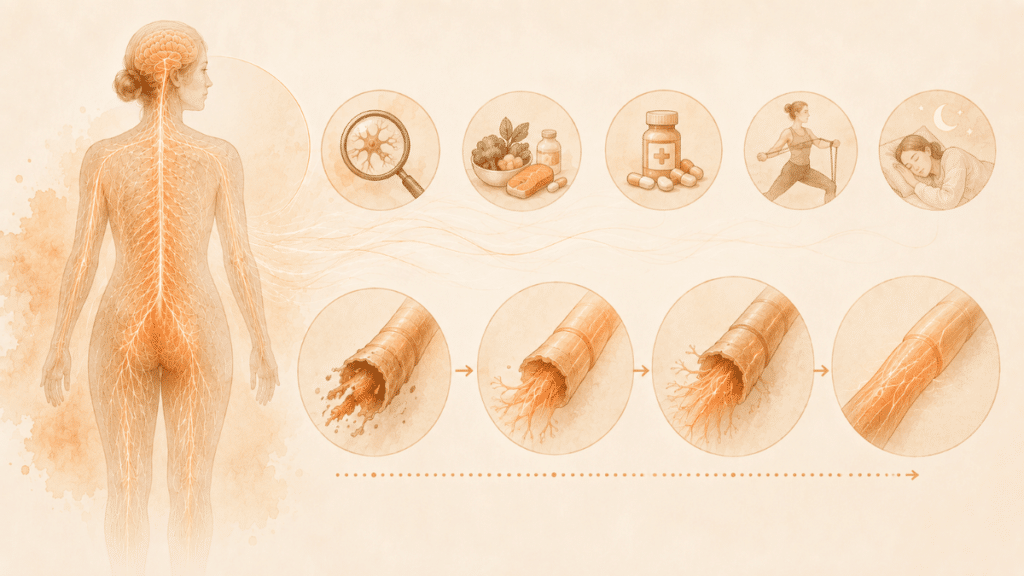 Medical illustration showing damaged nerves gradually regenerating and healing, with an anatomical nervous system and stages of nerve recovery.