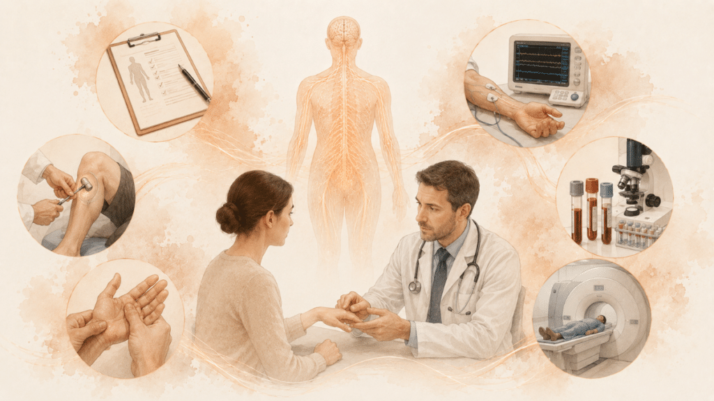 Doctor examining a patient’s hand with neurological tests, alongside illustrations of nerve testing, blood tests, and MRI imaging.