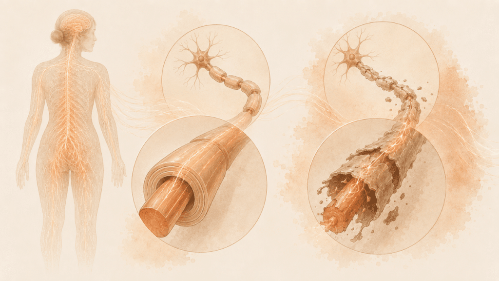 Medical illustration showing a healthy nerve fiber compared with a damaged nerve fiber, highlighting disrupted nerve signals and peripheral neuropathy.
