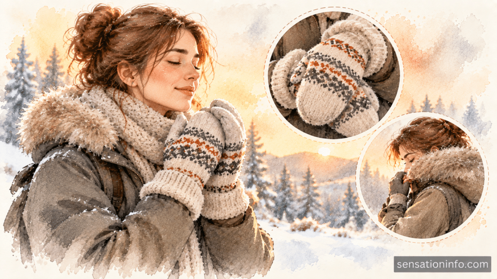 Person wearing thick insulated mittens and a warm winter coat outdoors to protect against cold induced skin burning.
