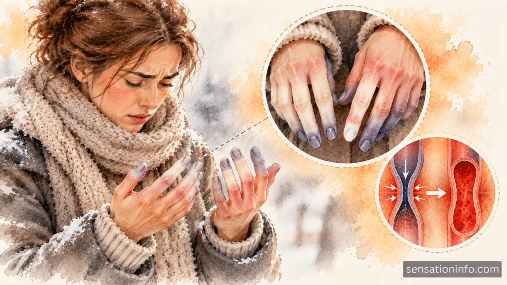 Close up of hands showing the stark white and blue fingers typical of a Raynaud's phenomenon flare up in the cold.  