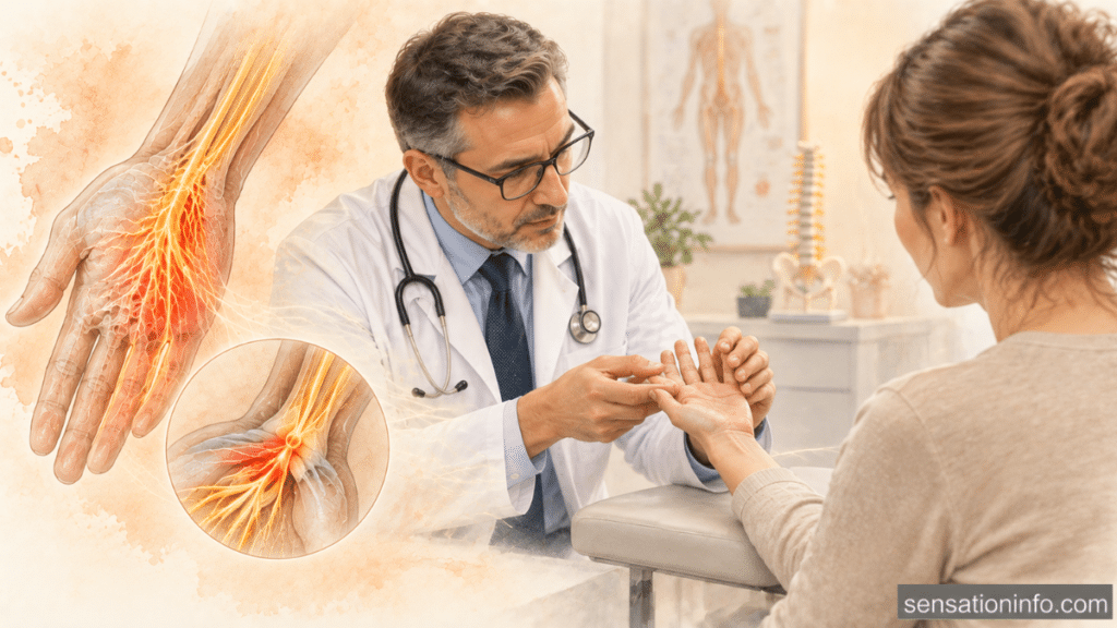 Neurologist examining a patient’s hand for peripheral neuropathy, with highlighted nerve pathways in the hand and wrist.