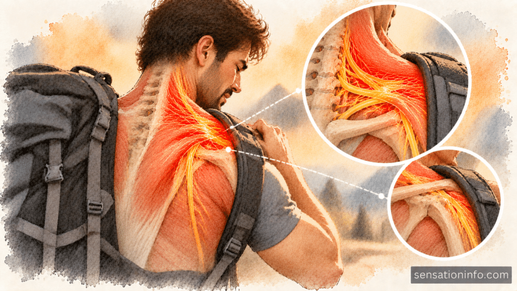 Anatomical illustration showing the trapezius muscle and brachial plexus nerves being compressed by heavy backpack straps causing a burning sensation in the traps.