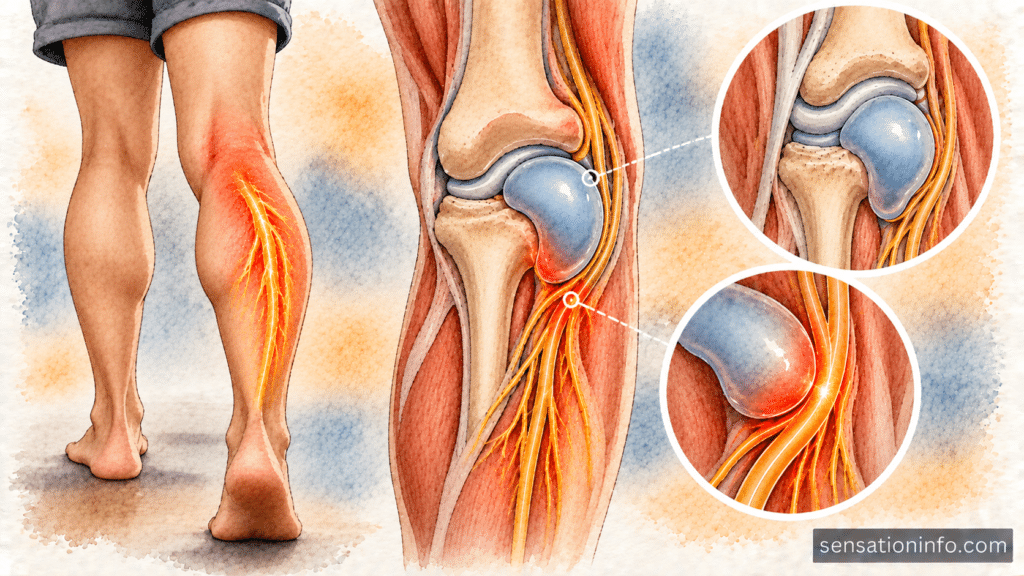 Detailed anatomical medical illustration highlighting the sural nerve pathway running down the outer calf just beneath the skin.
