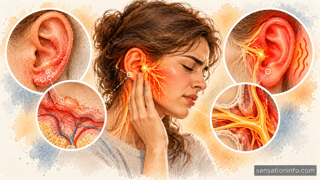 Diagram comparing dermatological ear inflammation with neurological red ear syndrome symptoms.