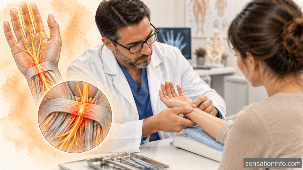 Hand surgeon examining a patient's wrist during a carpal tunnel evaluation, with highlighted median nerve pathways and compression inside the carpal tunnel.