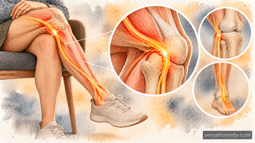 Medical illustration showing the path of the common peroneal nerve wrapping around the fibular head of the knee.

