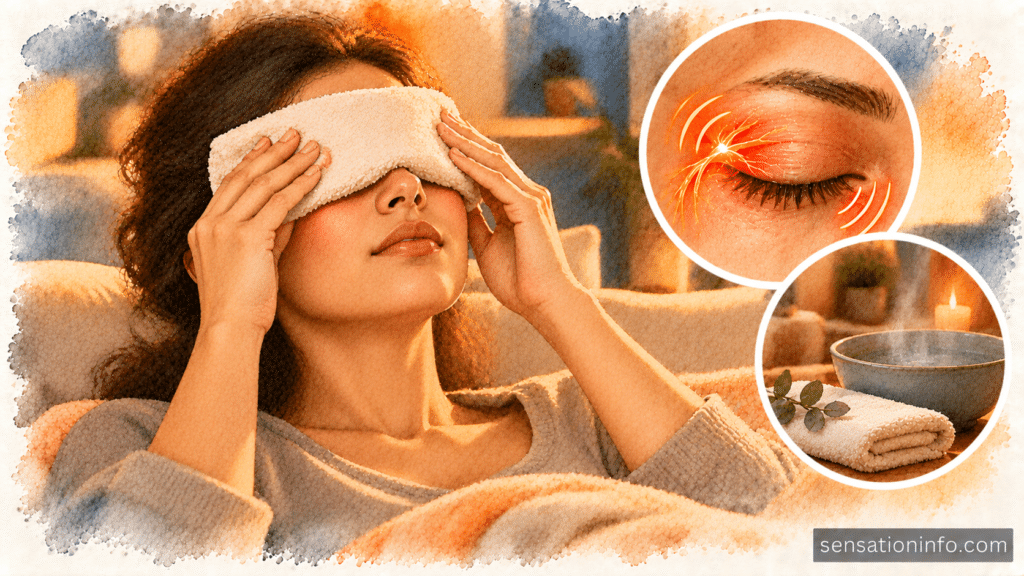 Person relaxing with their eyes closed while gently holding a warm damp washcloth over their eyelids.
