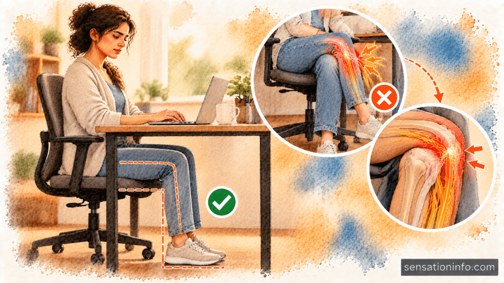  A person sitting at a desk with both feet flat on the floor to demonstrate healthy nerve posture.
