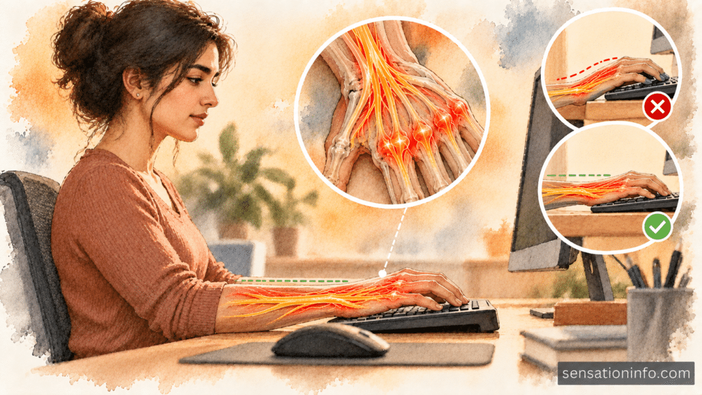 Proper ergonomic keyboard setup showing straight floating wrists to prevent top of hand numbness.