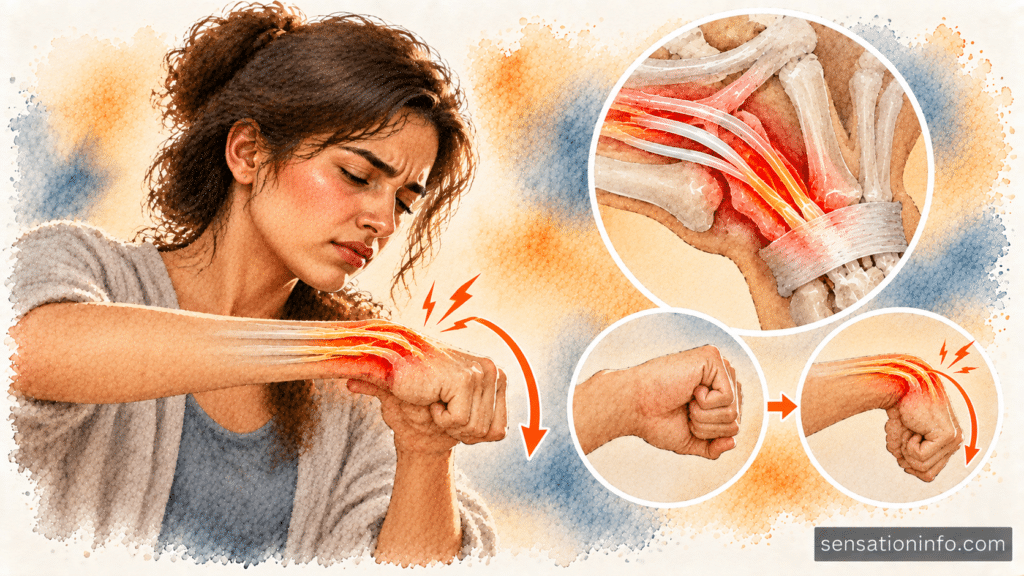Diagram showing a person performing the Finkelstein test by bending their wrist downward while holding their thumb inside a closed fist.