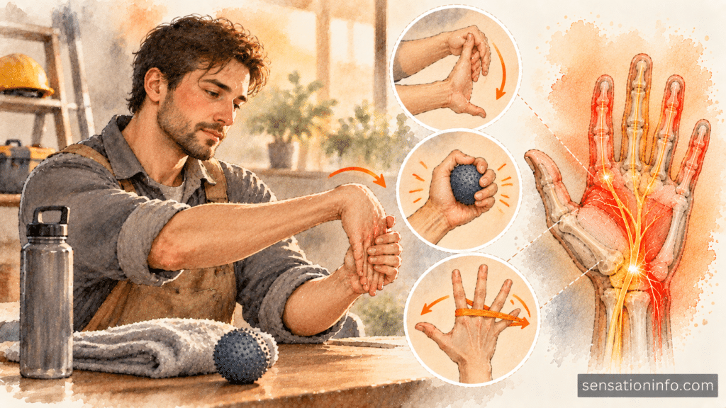 Person performing gentle hand and finger stretching exercises for vibration-induced nerve stiffness.