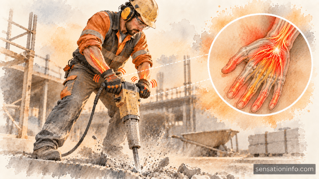 Construction worker operating an angle grinder with anti-vibration gloves to prevent hand-arm vibration syndrome.