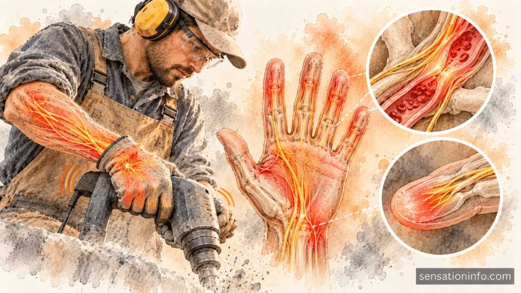 Medical diagram showing hand-arm vibration syndrome affecting blood vessels and nerves in fingers.