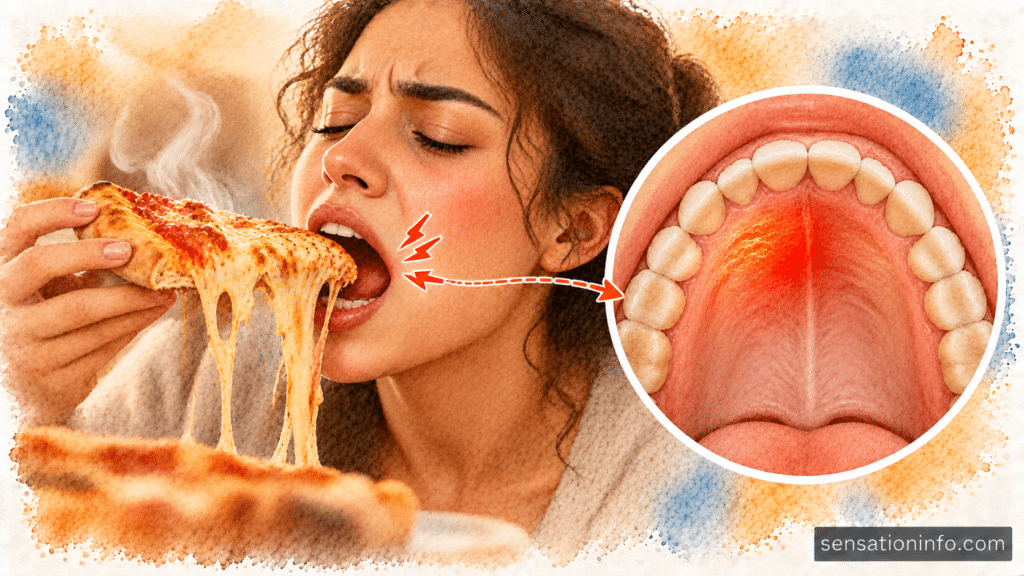 Close up of hot pizza with melted cheese representing a common cause of thermal burns on the hard palate.