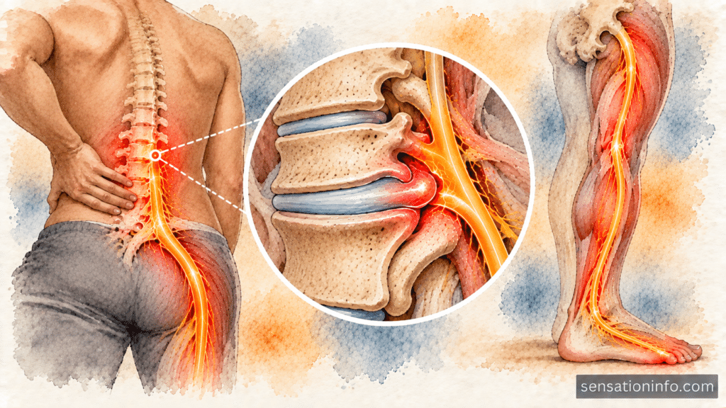 Medical illustration of an L5-S1 herniated disc compressing the S1 spinal nerve root.