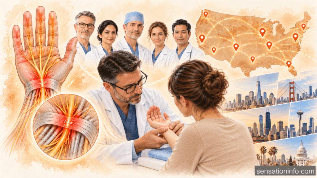 Verified hand surgeons treating carpal tunnel across the USA, with wrist nerve anatomy, a patient examination, and a nationwide specialist map.