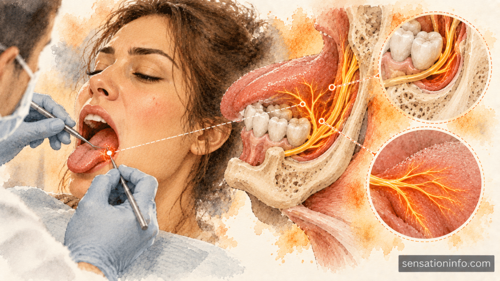 Anatomy illustration showing the lingual nerve pathway near the lower jaw and teeth.