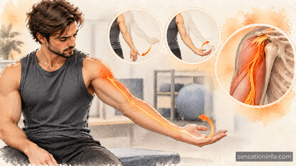 Athlete performing a gentle nerve gliding exercise for lateral antebrachial cutaneous nerve mobility