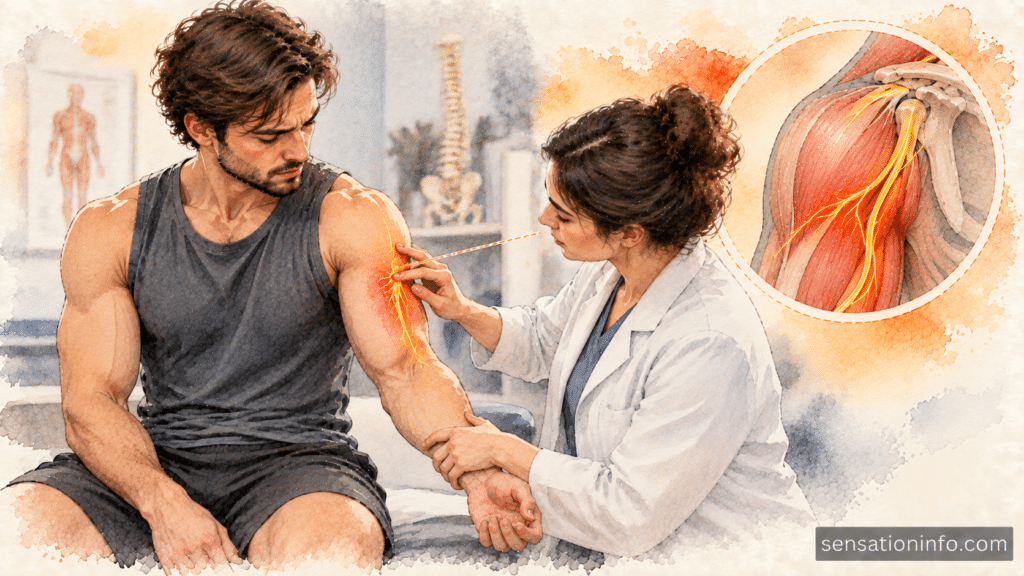 Physical therapist demonstrating a clinical examination for lateral bicep nerve entrapment