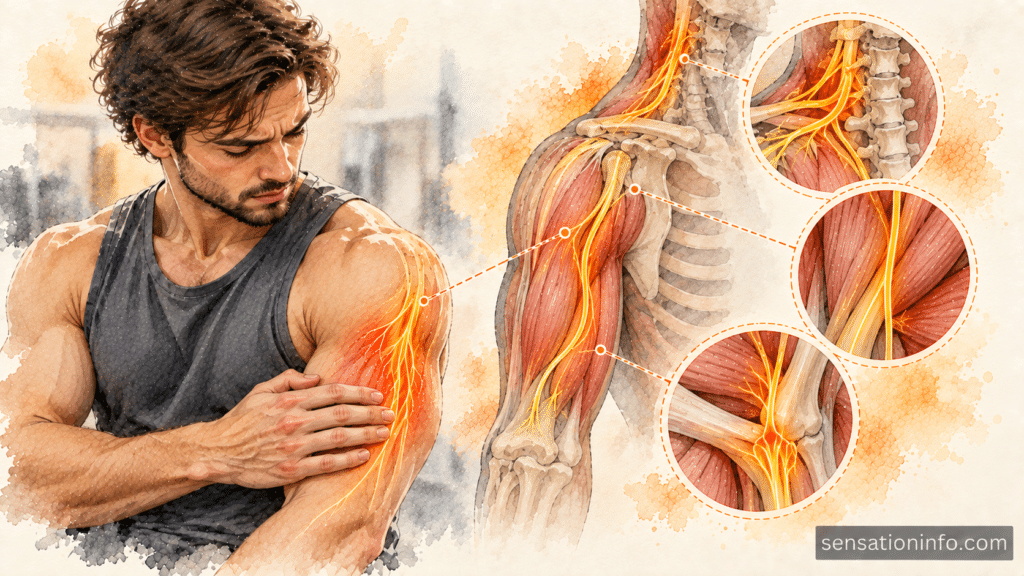 Medical illustration showing the musculocutaneous nerve pathway and numbness over lateral bicep