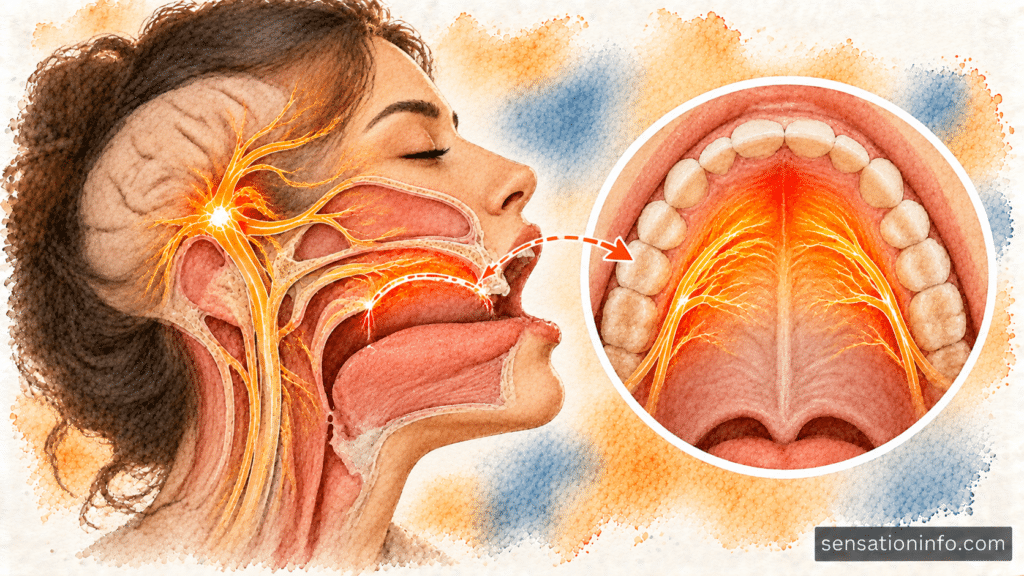 Medical diagram highlighting the hard palate and trigeminal nerve pathway in the human head.
