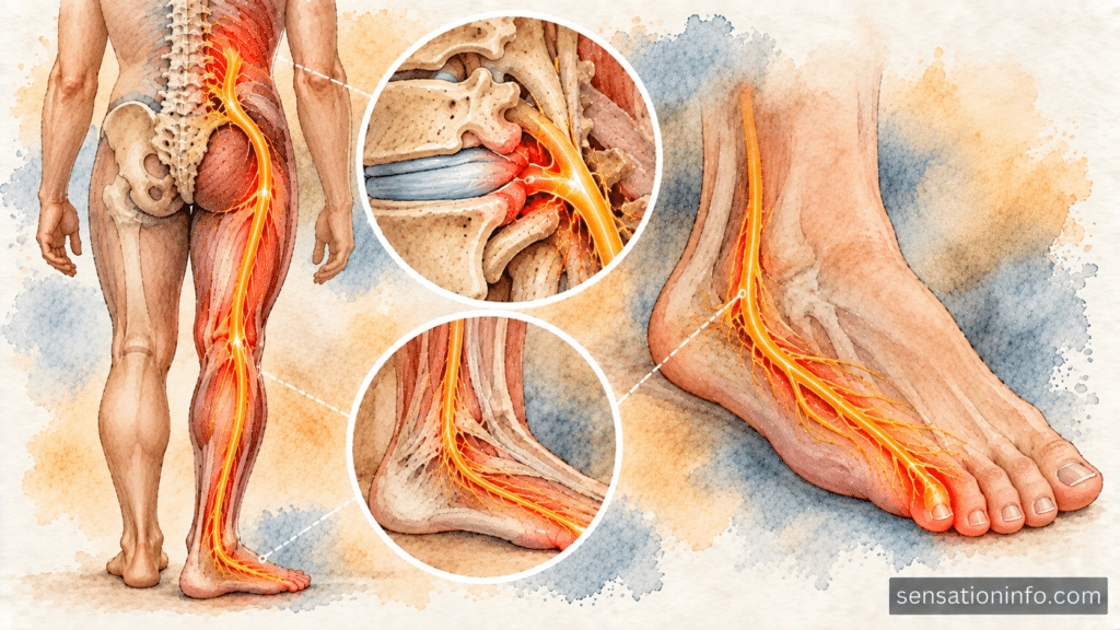 Anatomical diagram showing the S1 dermatome and sciatic nerve pathway extending from the lumbar spine to the outer foot and little toe.