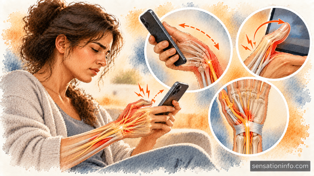 Medical illustration showing how holding a smartphone forces the wrist to bend and the thumb to stretch awkwardly.