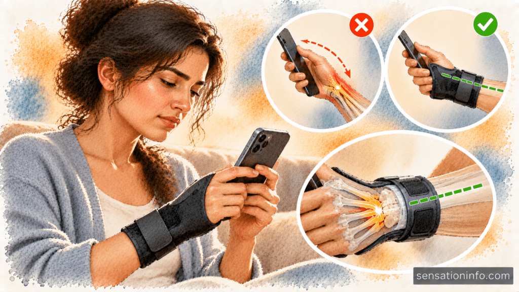 A person wearing a rigid wrist splint while typing on a smartphone to keep the wrist joint perfectly straight.