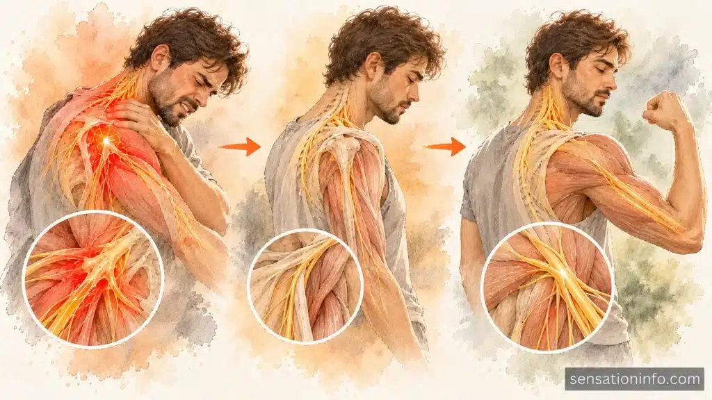 Clinical progression diagram showing inflammation, muscle atrophy, and eventual nerve functional recovery over months.