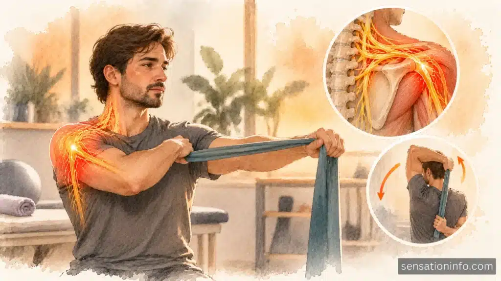 Person doing gentle shoulder physical therapy exercises to maintain joint mobility during nerve recovery.