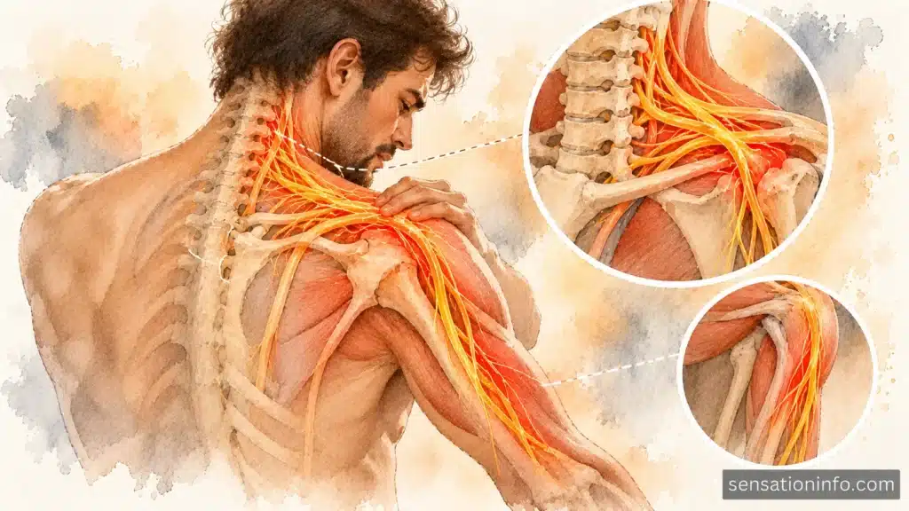 Anatomical diagram of the brachial plexus nerves in the neck, shoulder, and upper arm areas.