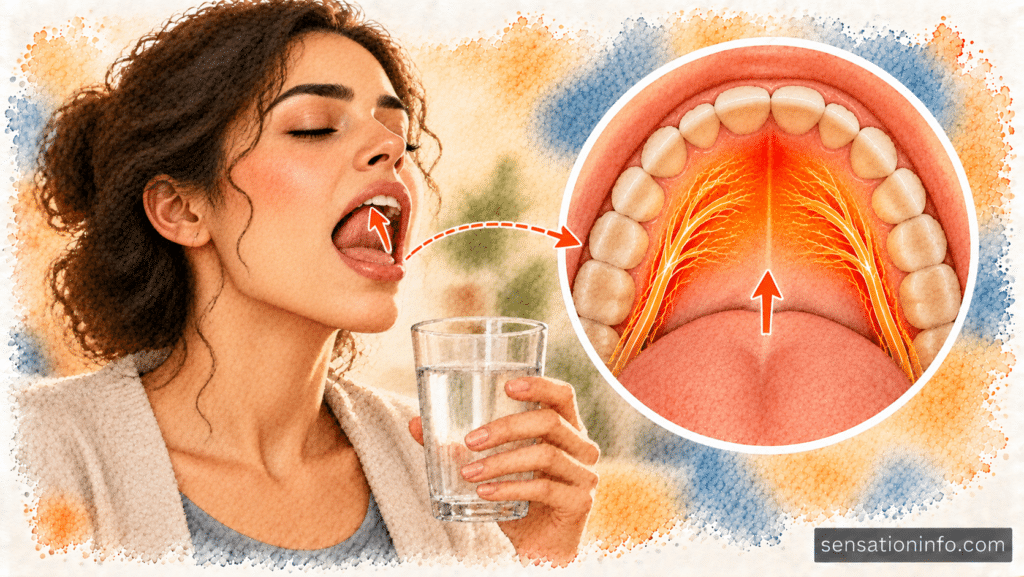 Person gently pressing their tongue to the roof of their mouth while holding a glass of room temperature water.