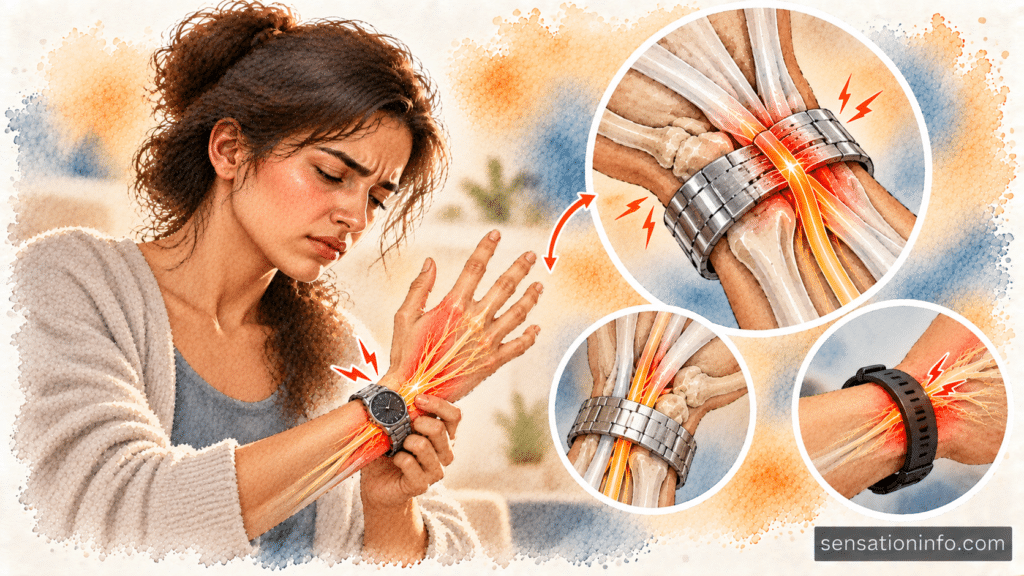 Diagram showing how a tight metal wristwatch can physically crush the radial nerve against the wrist bone.