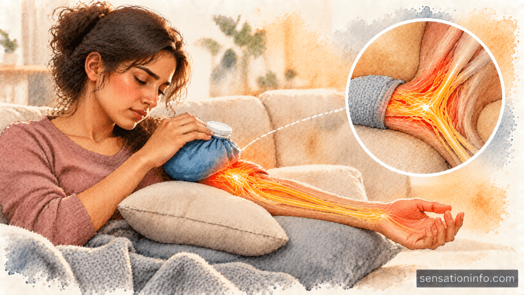  A person resting comfortably with their arm elevated on a soft pillow while applying an ice pack to their elbow.
