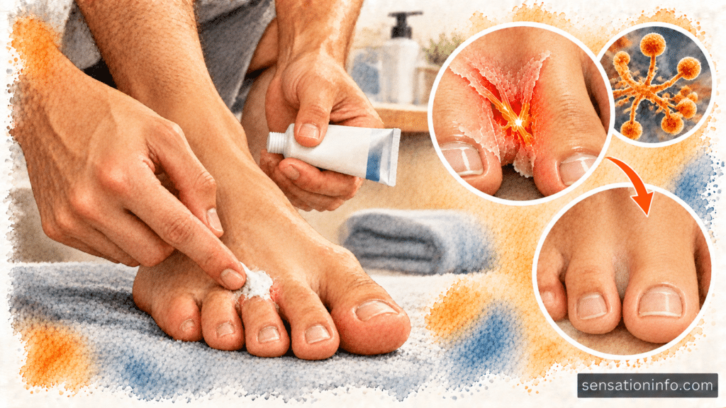 Hands applying a topical white cream to the skin between the toes of a clean foot.
