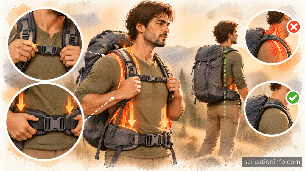 Proper ergonomic backpack adjustment highlighting a secured hip belt and sternum strap to prevent shoulder pain.