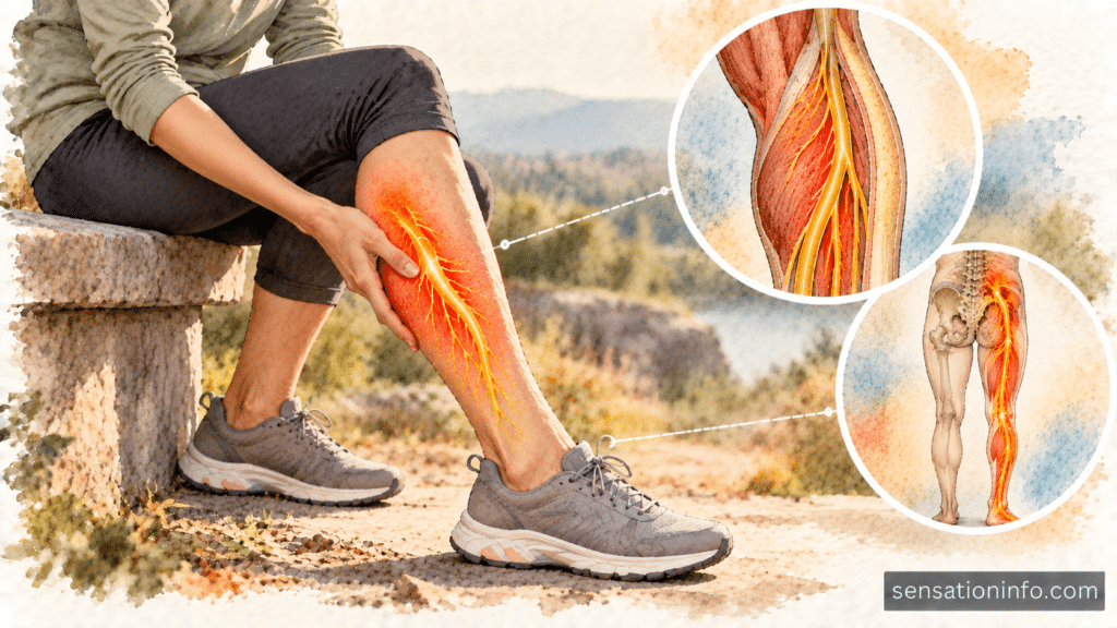 Clinical diagram showing a fluid filled Baker's cyst behind the human knee joint expanding downward and compressing the tibial nerve branches entering the calf.