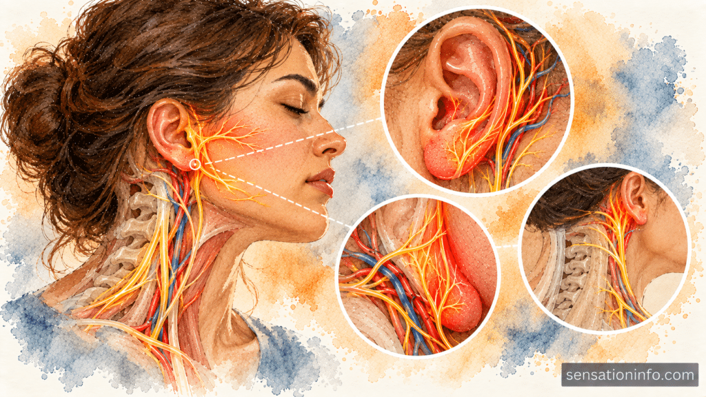 Medical illustration showing the great auricular nerve and blood vessels supplying the human earlobe.
