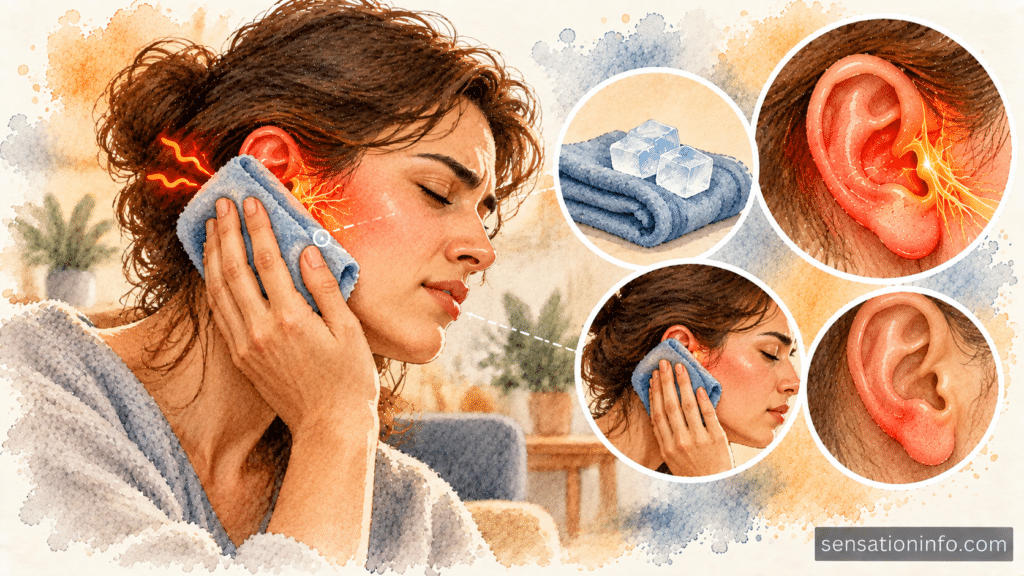 Person gently applying a soothing cool compress to the outer ear for burning relief.