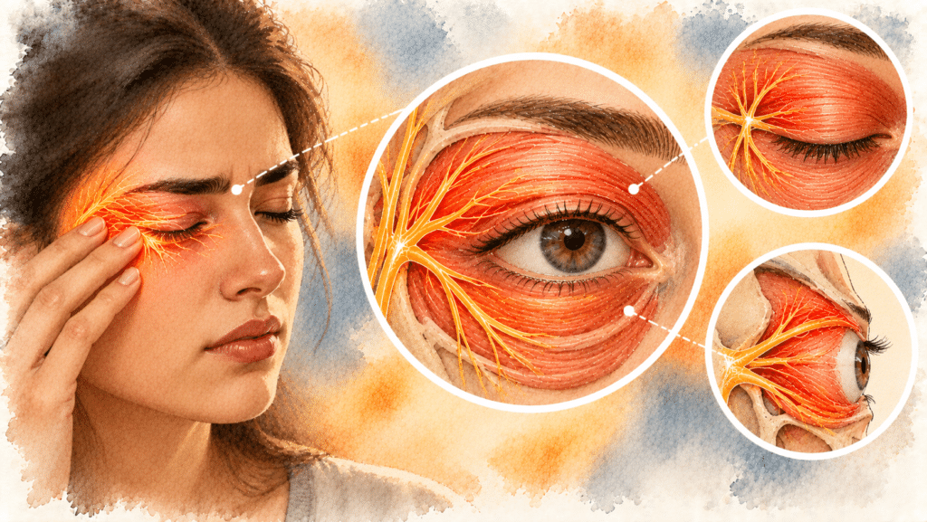 Medical diagram showing the location of the orbicularis oculi muscle surrounding the human eye.