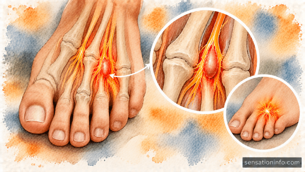 Person sitting on a bed massaging the ball of their bare foot to relieve sharp nerve pain.

