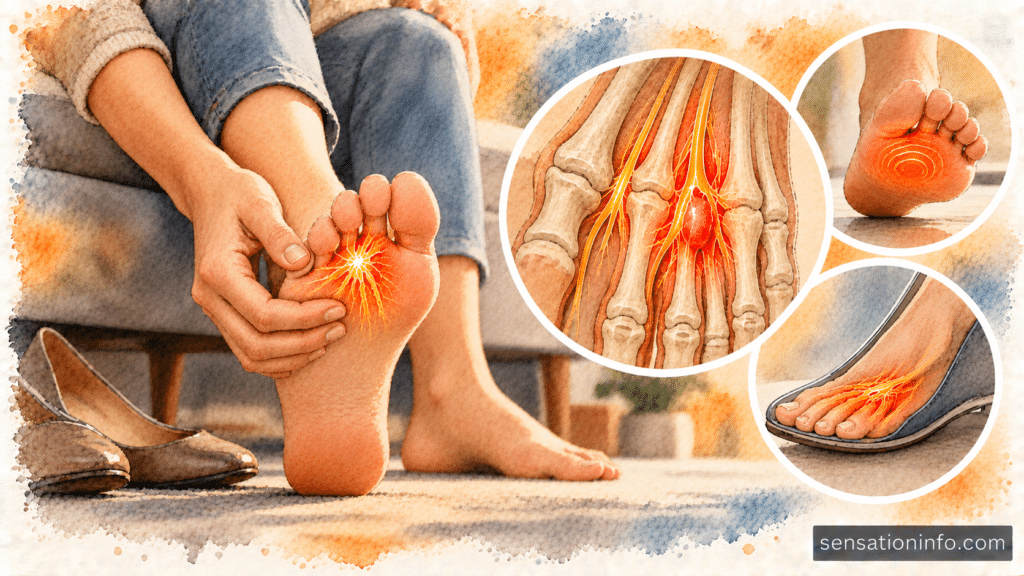 Medical illustration highlighting the thickened interdigital nerve between the third and fourth toes in a human foot.
