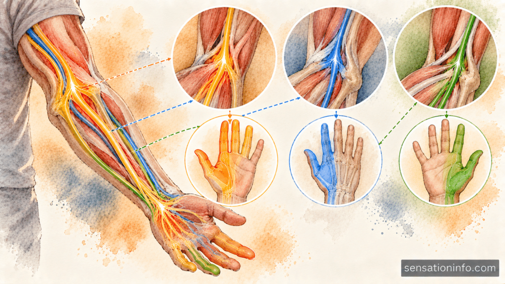 natomical diagram highlighting the paths of the median radial and ulnar nerves down the human forearm.
