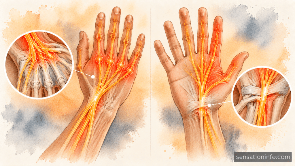 Anatomical diagram showing the radial nerve path across the top of the hand compared to the median nerve.