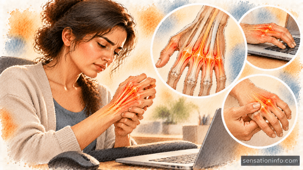 Office worker holding the back of their hand demonstrating numbness in the knuckles from keyboard strain.