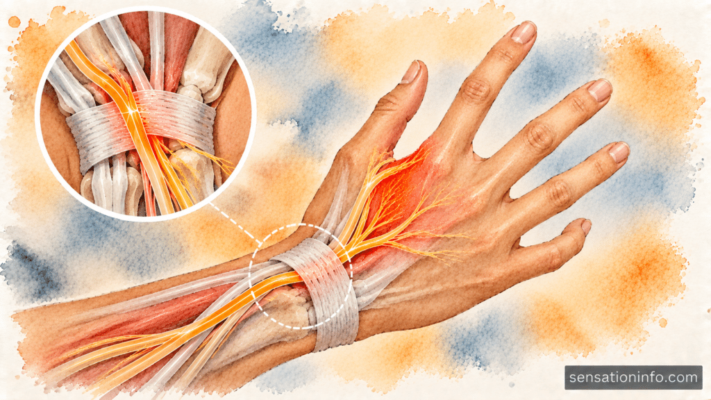 Medical illustration showing the path of the superficial radial nerve crossing the wrist into the web space of the hand.
